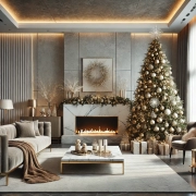 DALL·E 2024-09-04 15.04.51 – A luxurious yet minimalist living room decorated for Christmas. The room has a sophisticated look, with a tall, slender Christmas tree decorated with